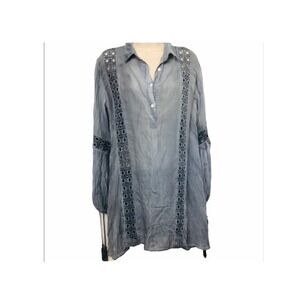 En Creme Blue Tunic Top Crochet Trim‎ Long Sleeve Small Boho Blouse
